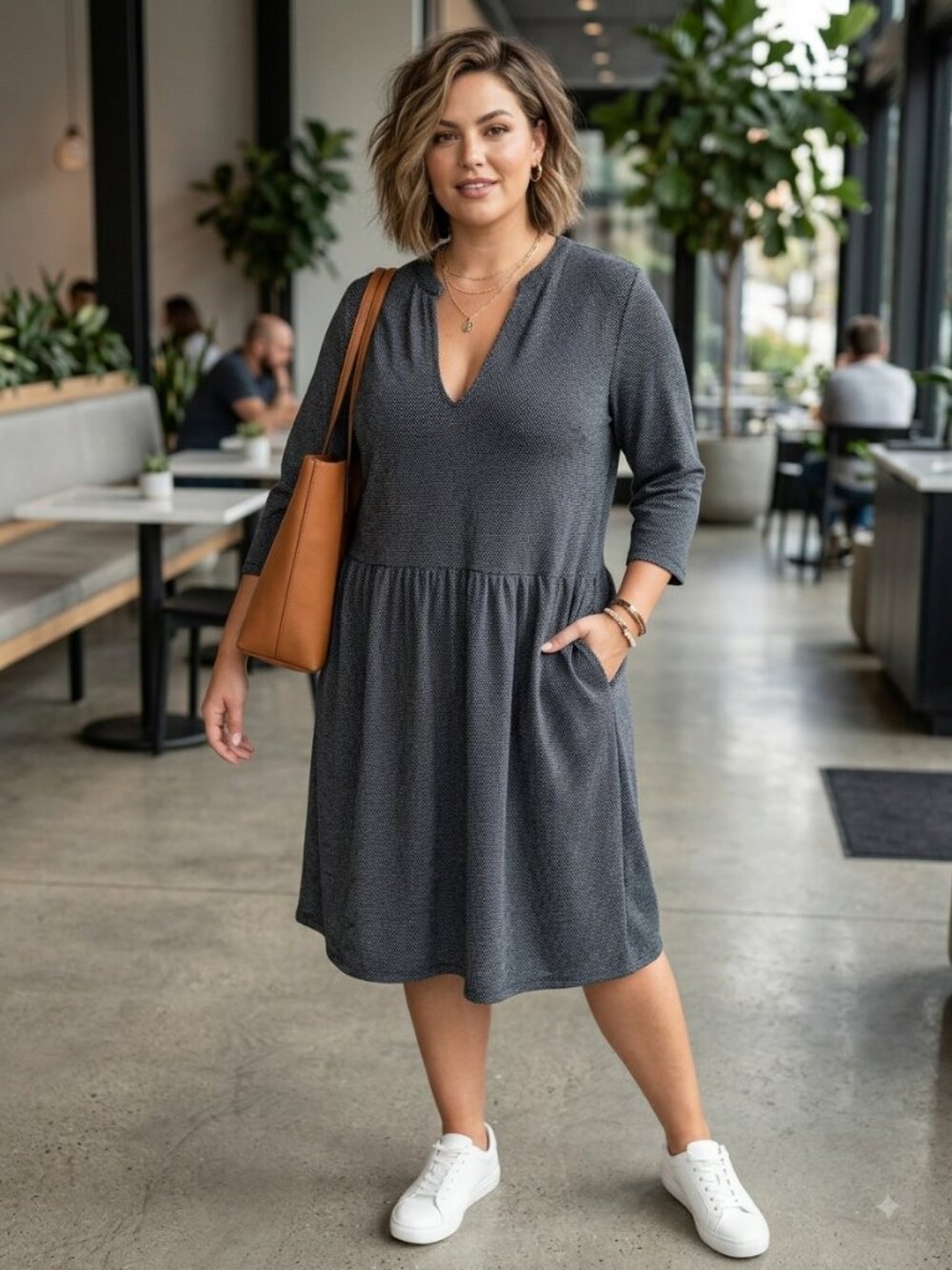 NWT Synergy Charcoal Grey Organic Cotton V-Neck Smocked Waist Midi Dress XL
